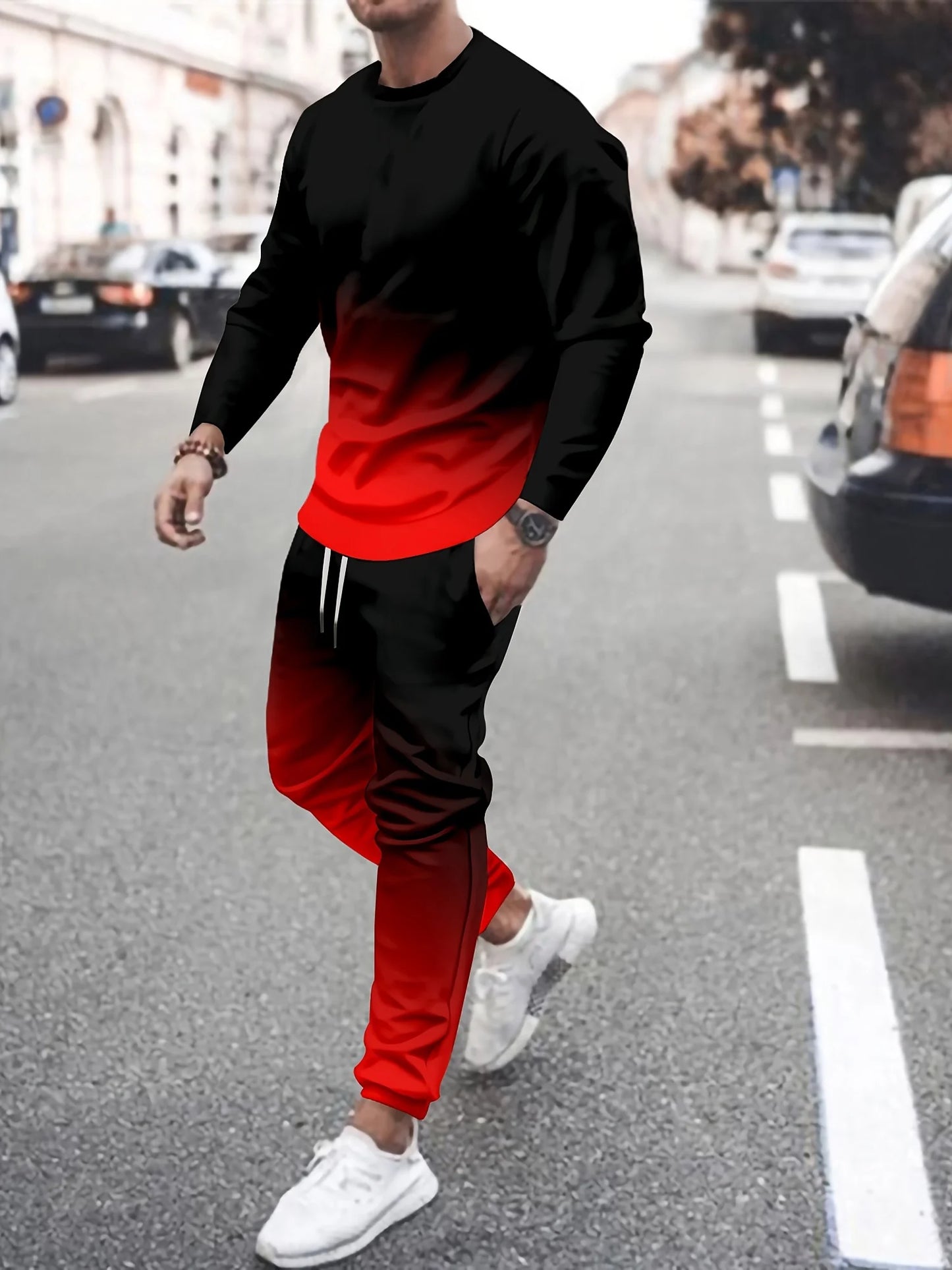 Fashion Colorful Gradient 3D Print Men's Sportswear Set Long-Sleeved T Shirt Pants 2-Piece Set Oversized Pullover Men Clothing