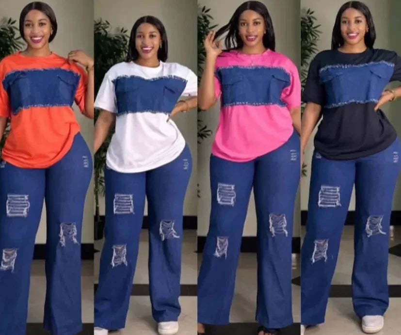 2 Piece Women Set Dashiki Denim African Clothes Summer New Fashion Short Sleeve Top And Jeans Suit Party Lady Matching Sets