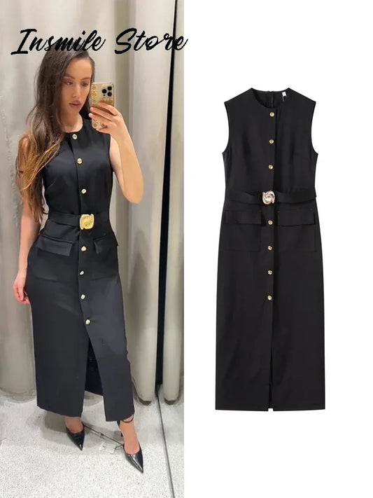Elegant Black With Belt Women Dress O-neck Sleeveless Single Breasted Slim Female Maxi Dresses 2025 Summer New Chic Lady Robe