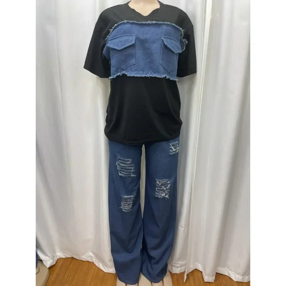 2 Piece Women Set Dashiki Denim African Clothes Summer New Fashion Short Sleeve Top And Jeans Suit Party Lady Matching Sets