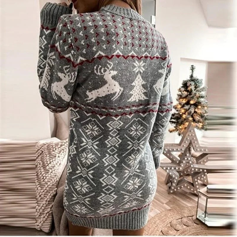 Women's Long Sleeve Christmas Sweater Dress Casual Round Neck Pullover Knitted Dress