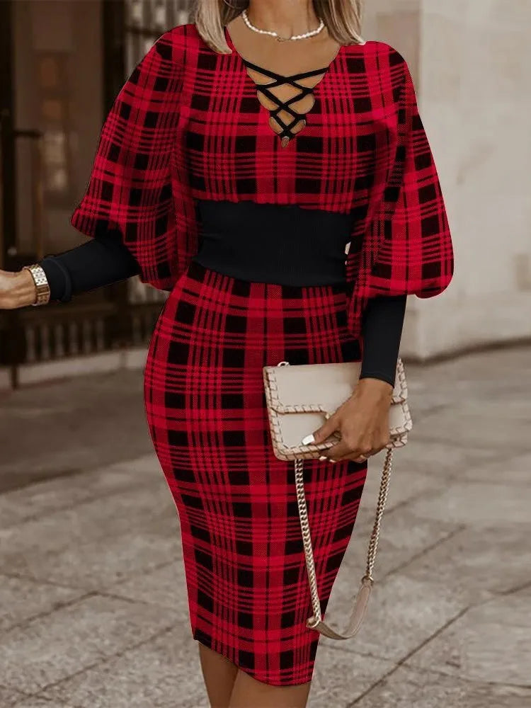 Elegant Long-sleeved V-neck Waist Dress For Women Fashionable Autumn Winter Slim Vintage Printing Hip-covering Dresses Female