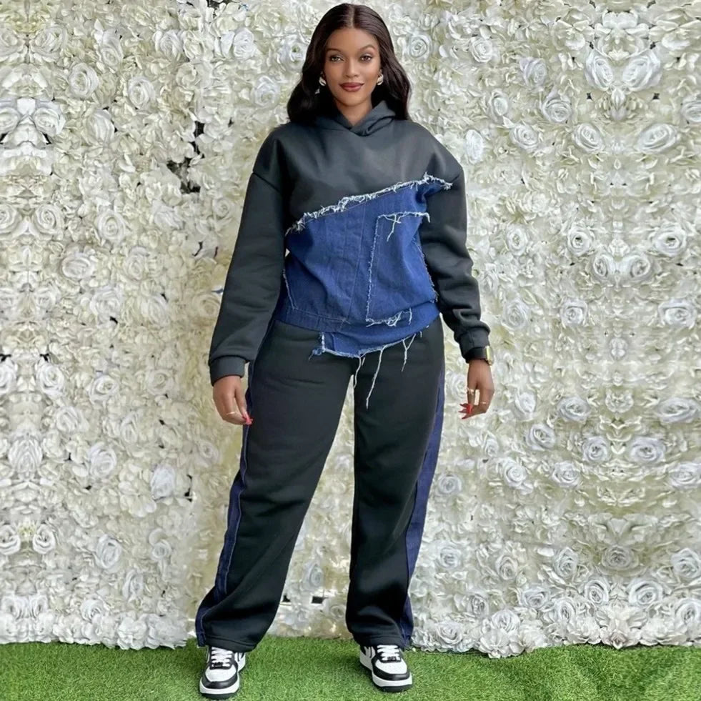 2025 Spring Autumn 2 Piece Women Set Dashiki African Clothes Fashion Long Sleeve Denim Top And Pants Suit Party Matching Sets