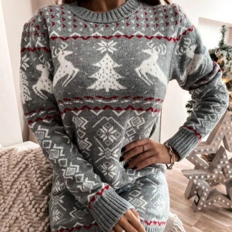 Women's Long Sleeve Christmas Sweater Dress Casual Round Neck Pullover Knitted Dress