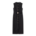 Elegant Black With Belt Women Dress O-neck Sleeveless Single Breasted Slim Female Maxi Dresses 2025 Summer New Chic Lady Robe