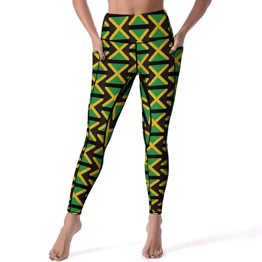 Jamaican Flag Yoga Pants Sexy Green Yellow Printed Leggings High Waist Gym Leggins Lady Funny Stretch Sports Tights