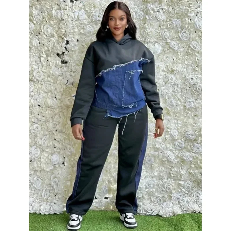 2025 Spring Autumn 2 Piece Women Set Dashiki African Clothes Fashion Long Sleeve Denim Top And Pants Suit Party Matching Sets