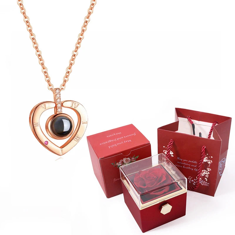 100 Languages I Love You Projection Necklace With Rotating Rose Gift Box 2023 New Creativity Design Romantic Luxury Jewelry Set