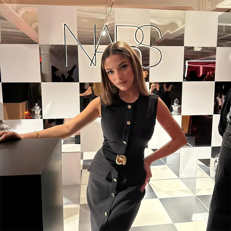Elegant Black With Belt Women Dress O-neck Sleeveless Single Breasted Slim Female Maxi Dresses 2025 Summer New Chic Lady Robe