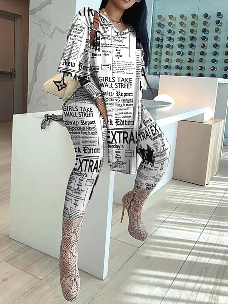 2025 Women Spring Autumn Casual Loose 2 Piece Set Women Outfits Women'S Newspaper Print Tops And Pants High Waist Casual Suit