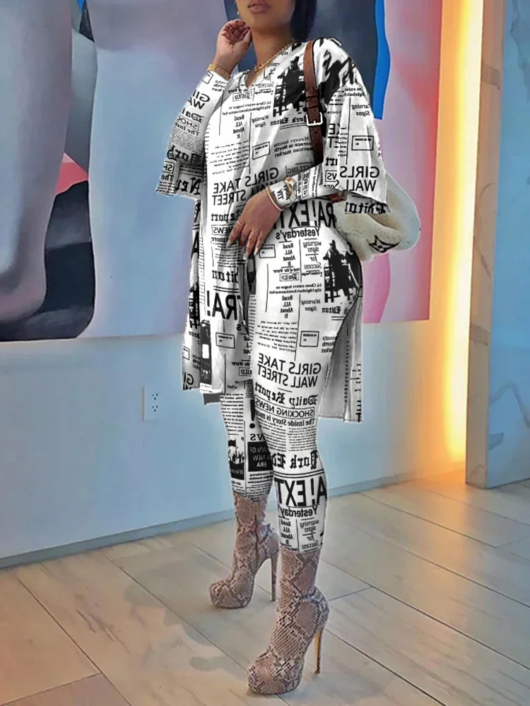 2025 Women Spring Autumn Casual Loose 2 Piece Set Women Outfits Women'S Newspaper Print Tops And Pants High Waist Casual Suit