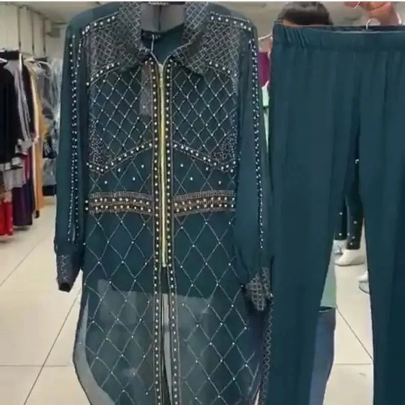 Elegant Commuting Spring Suit Three-Piece Set With Cardigan Trousers And Vest Pearlescent Single-Piece Ladies Wardrobe