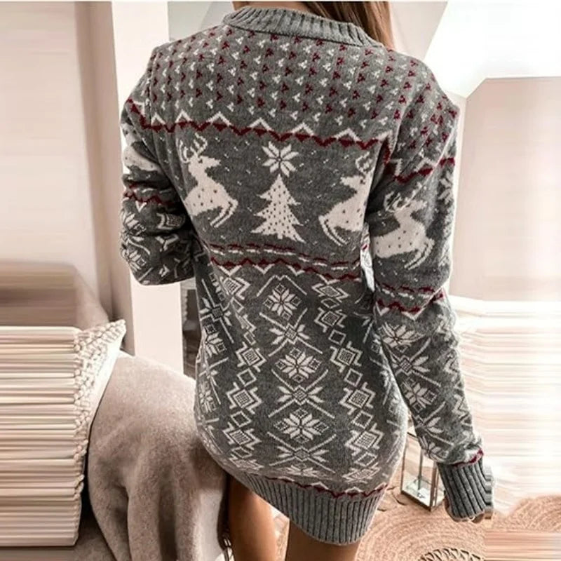 Women's Long Sleeve Christmas Sweater Dress Casual Round Neck Pullover Knitted Dress