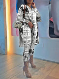 2025 Women Spring Autumn Casual Loose 2 Piece Set Women Outfits Women'S Newspaper Print Tops And Pants High Waist Casual Suit