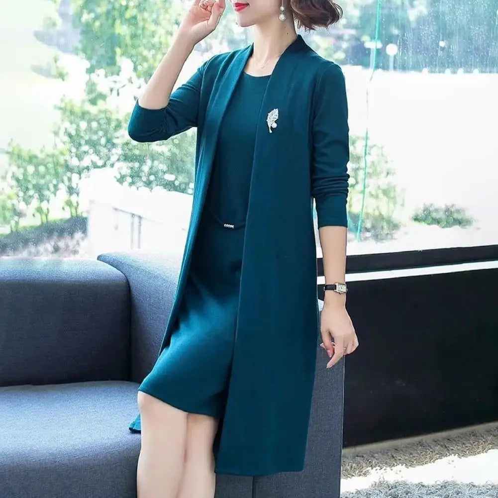 Solid Color Long Sleeve Coat Elegant Middle-age Ladies Dress Coat Suit with Open Front Long Cardigan Dress Kit for Spring Fall