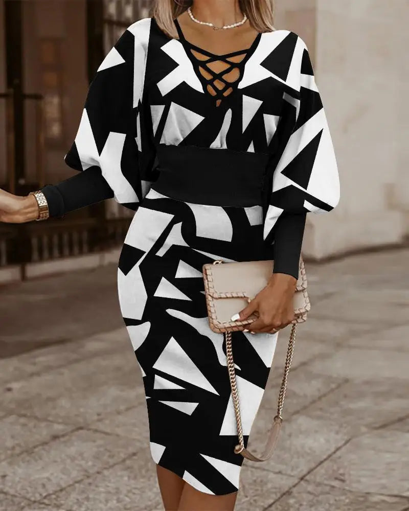 Elegant Long-sleeved V-neck Waist Dress For Women Fashionable Autumn Winter Slim Vintage Printing Hip-covering Dresses Female