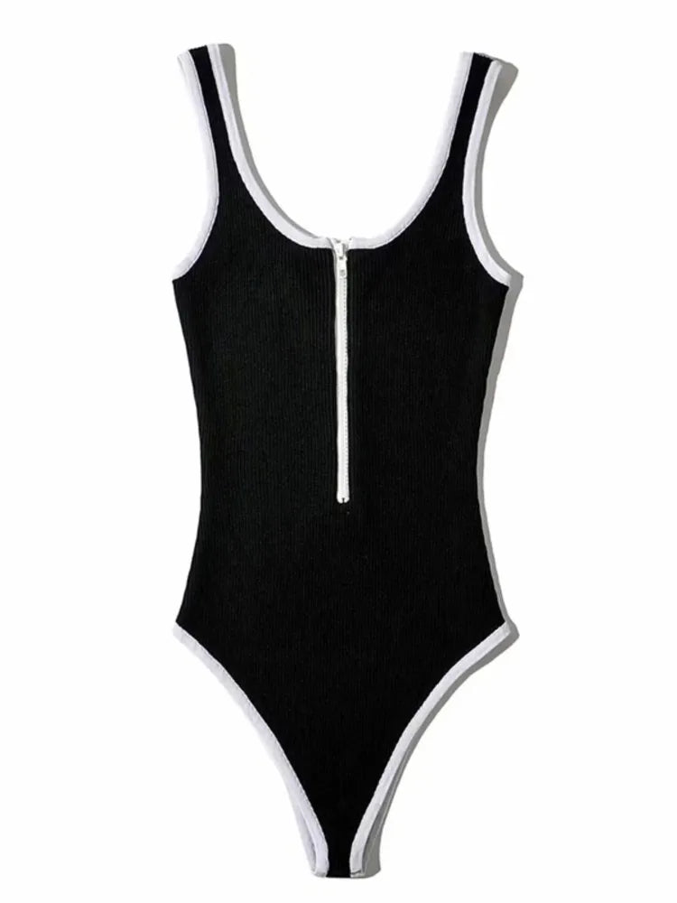 Women's slim fit sports sports black retro bodysuit jumpsuit women's zipper solid color waistless sexy jumpsuit 2022 y2k Toops