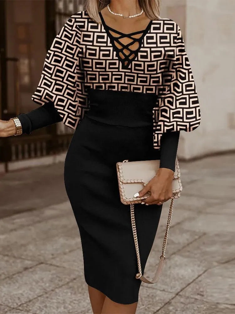 Elegant Long-sleeved V-neck Waist Dress For Women Fashionable Autumn Winter Slim Vintage Printing Hip-covering Dresses Female