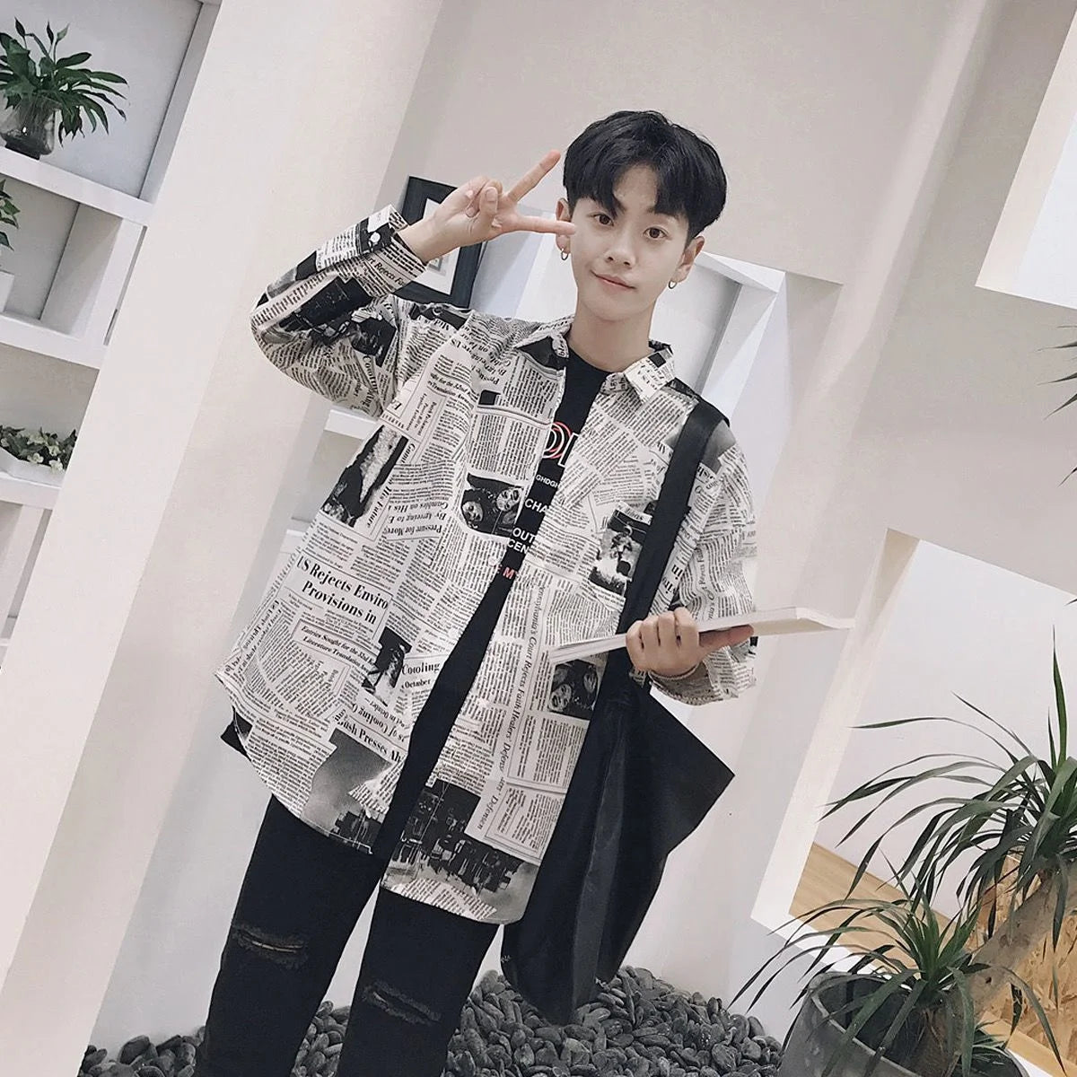 Cool Newspaper Shirts Men Fashion Hip Hop Loose Shirt Streetwear Long Sleeve Casual Summer Shirts Funny Ulzzang High Street Tops