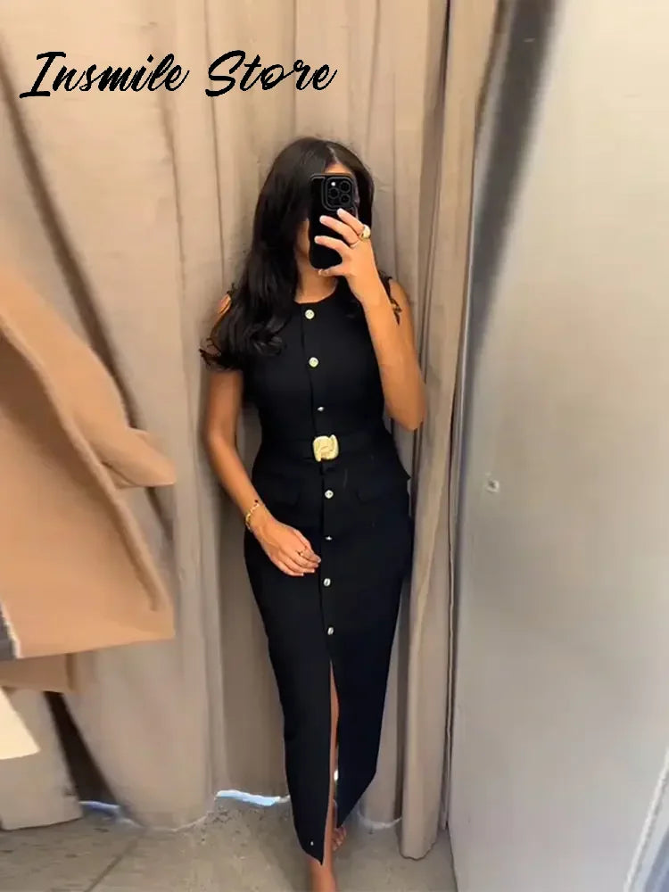 Elegant Black With Belt Women Dress O-neck Sleeveless Single Breasted Slim Female Maxi Dresses 2025 Summer New Chic Lady Robe