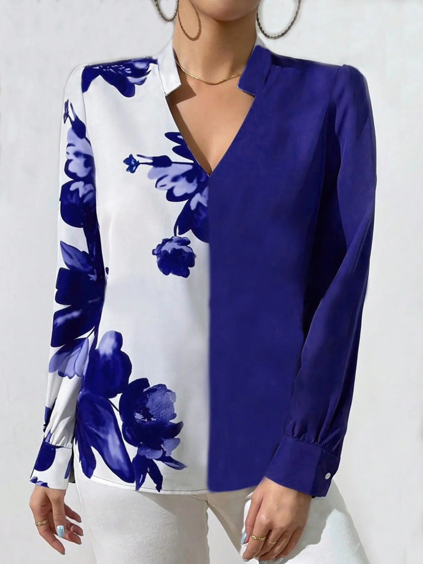 Long Sleeve Blue Flower Print Blouse Women 2024 Spring And Autumn Ladies Tops Elegant Work Office Casual Shirt Blouse