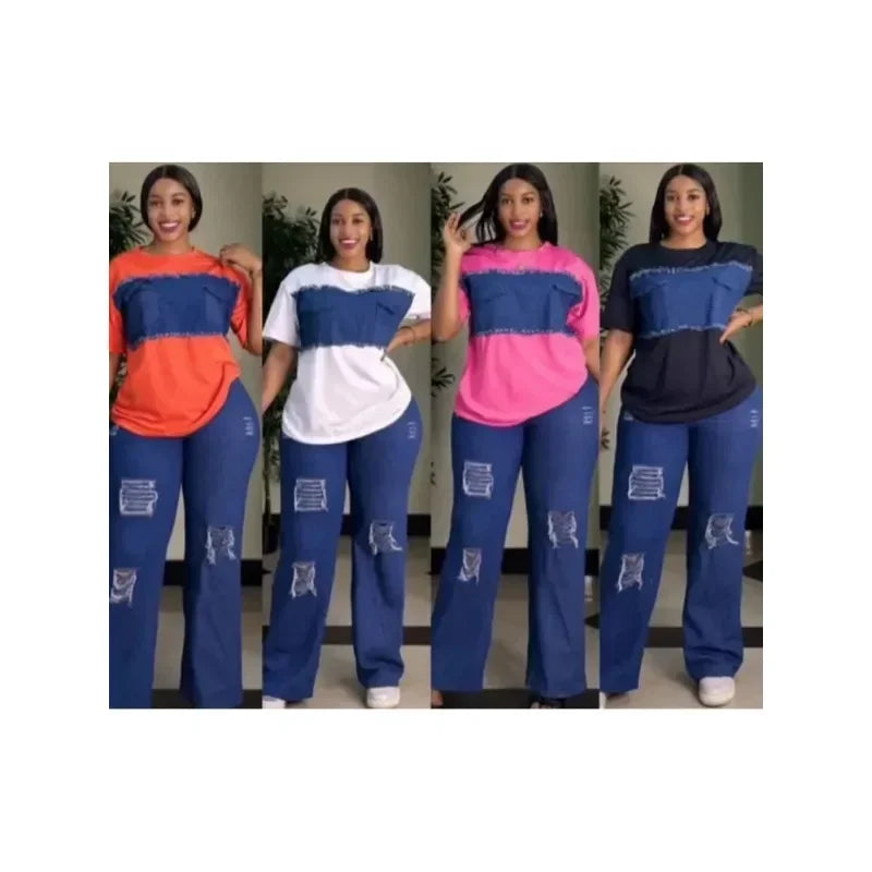 2 Piece Women Set Dashiki Denim African Clothes Summer New Fashion Short Sleeve Top And Jeans Suit Party Lady Matching Sets