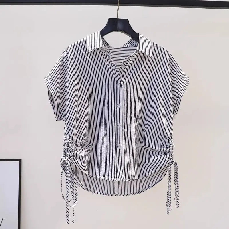 Drawstring Striped Street Casual Short Shirt Tops Summer New Short Sleeve Polo Neck Fashion Blouse Vintage Elegant Women Clothes