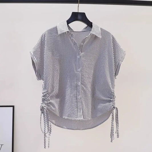 Drawstring Striped Street Casual Short Shirt Tops Summer New Short Sleeve Polo Neck Fashion Blouse Vintage Elegant Women Clothes