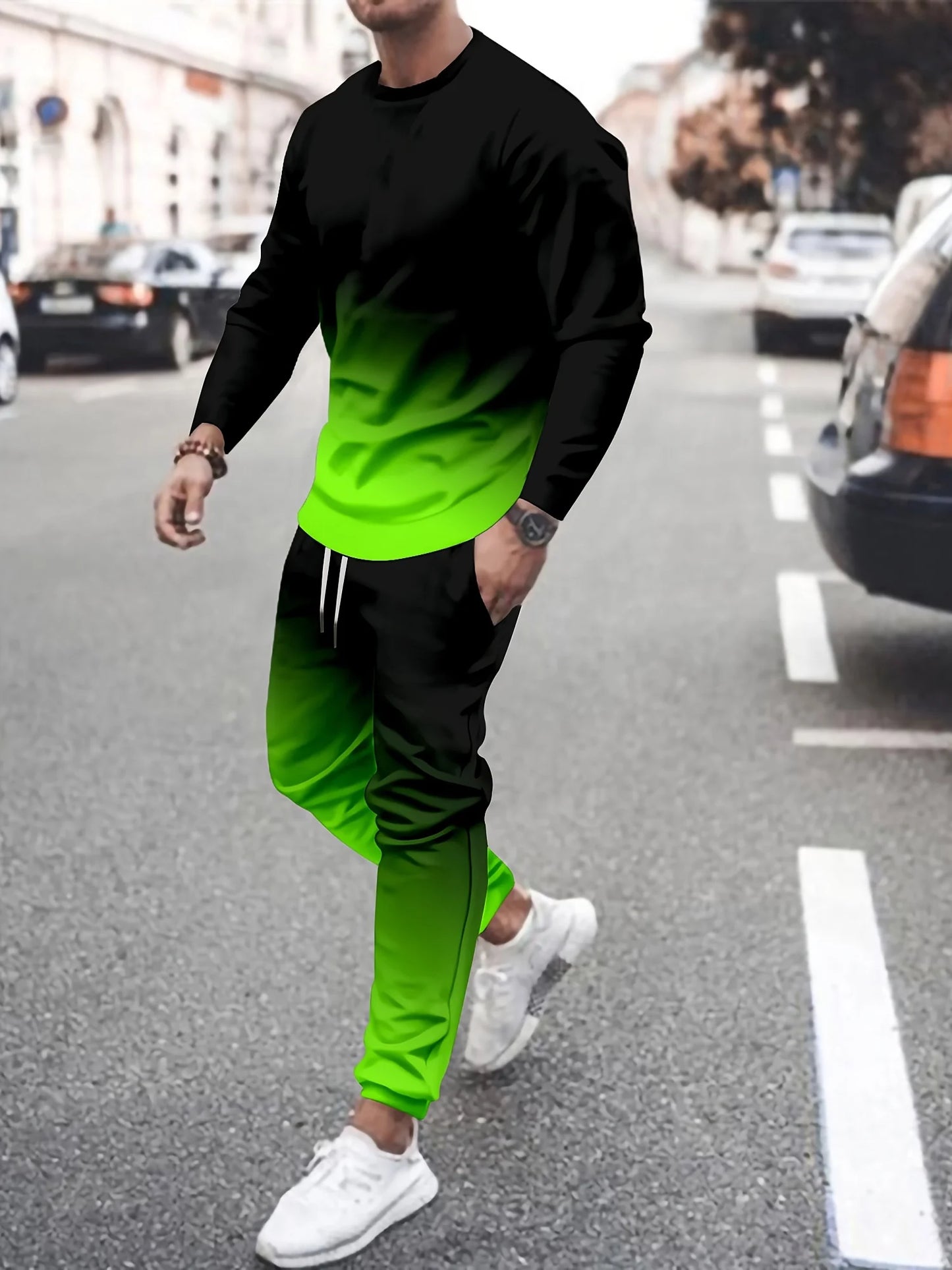 Fashion Colorful Gradient 3D Print Men's Sportswear Set Long-Sleeved T Shirt Pants 2-Piece Set Oversized Pullover Men Clothing
