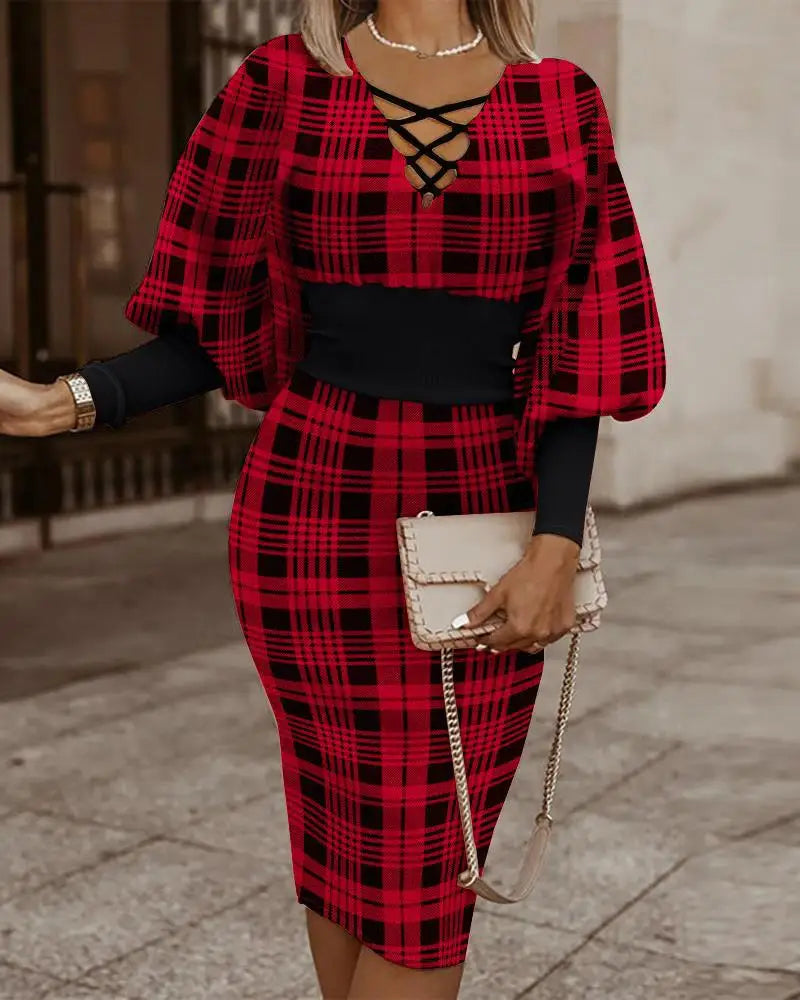 Elegant Long-sleeved V-neck Waist Dress For Women Fashionable Autumn Winter Slim Vintage Printing Hip-covering Dresses Female