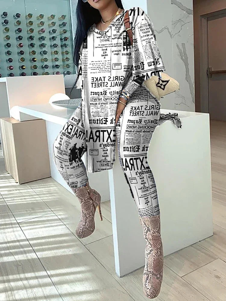 2025 Women Spring Autumn Casual Loose 2 Piece Set Women Outfits Women'S Newspaper Print Tops And Pants High Waist Casual Suit