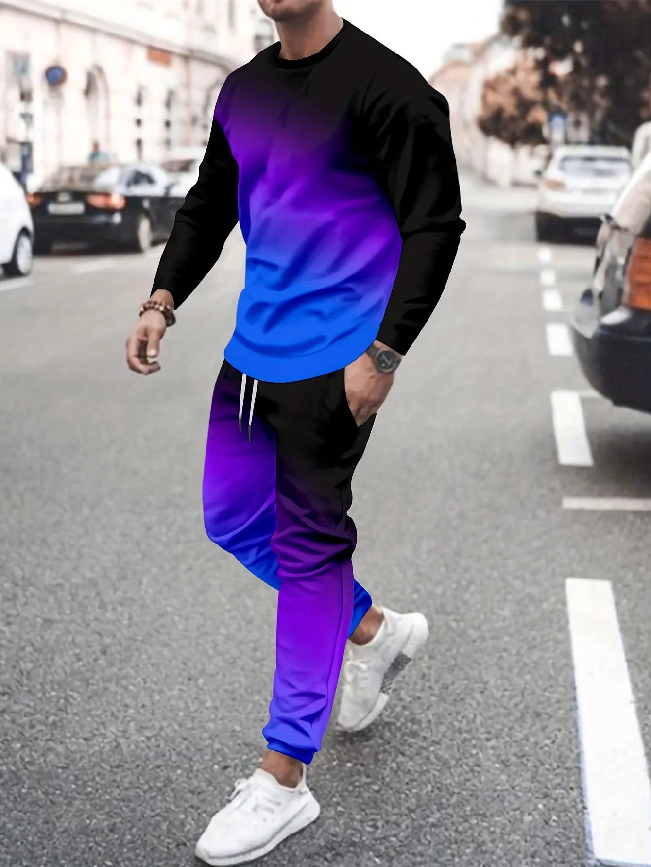 Fashion Colorful Gradient 3D Print Men's Sportswear Set Long-Sleeved T Shirt Pants 2-Piece Set Oversized Pullover Men Clothing