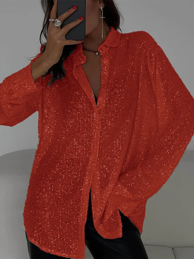Tossy Sequin Loose Fashion Shirts Female Casual Lapel Cardigan Summer Clothes New Outwear Glitter Party Blouse Luxury Women's