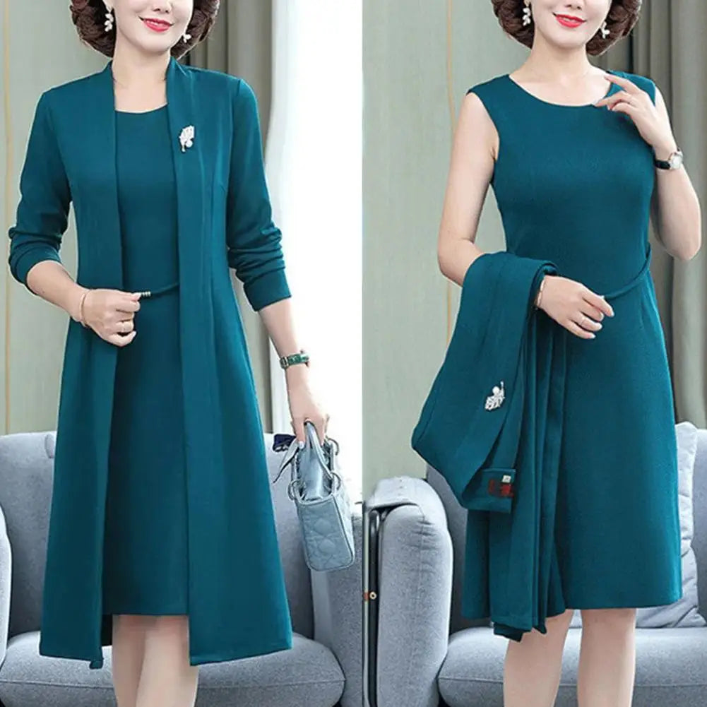 Solid Color Long Sleeve Coat Elegant Middle-age Ladies Dress Coat Suit with Open Front Long Cardigan Dress Kit for Spring Fall