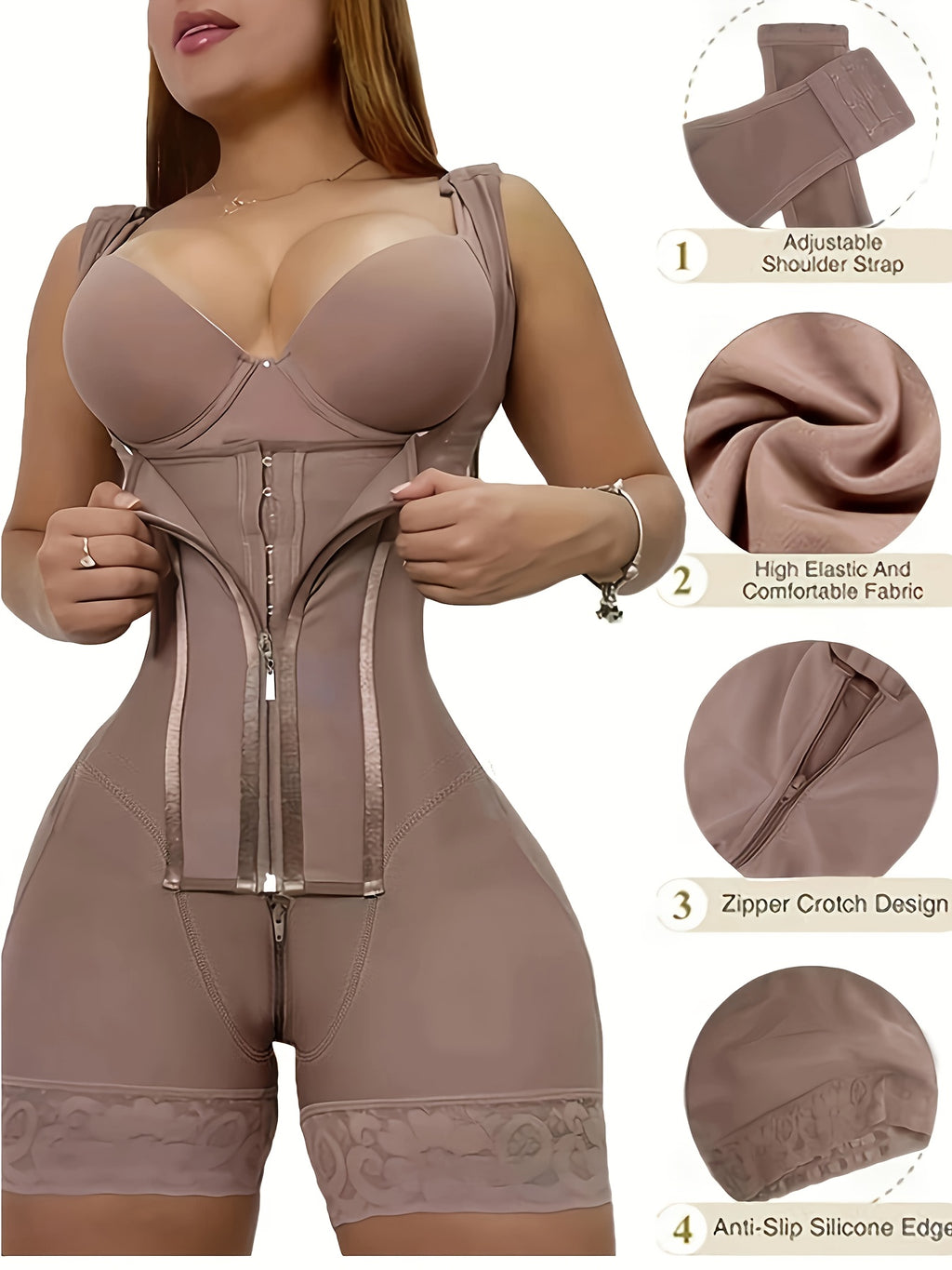 1pc Women's High-Waist Tummy Control Shapewear Bodysuit with Butt Lifter & Breast Support - Full Coverage Zipper Closure, Lace Panel & Smooth Nylon/Elastane Blend, Elegant Black Workout & Everyday Underwear for Body & Posture