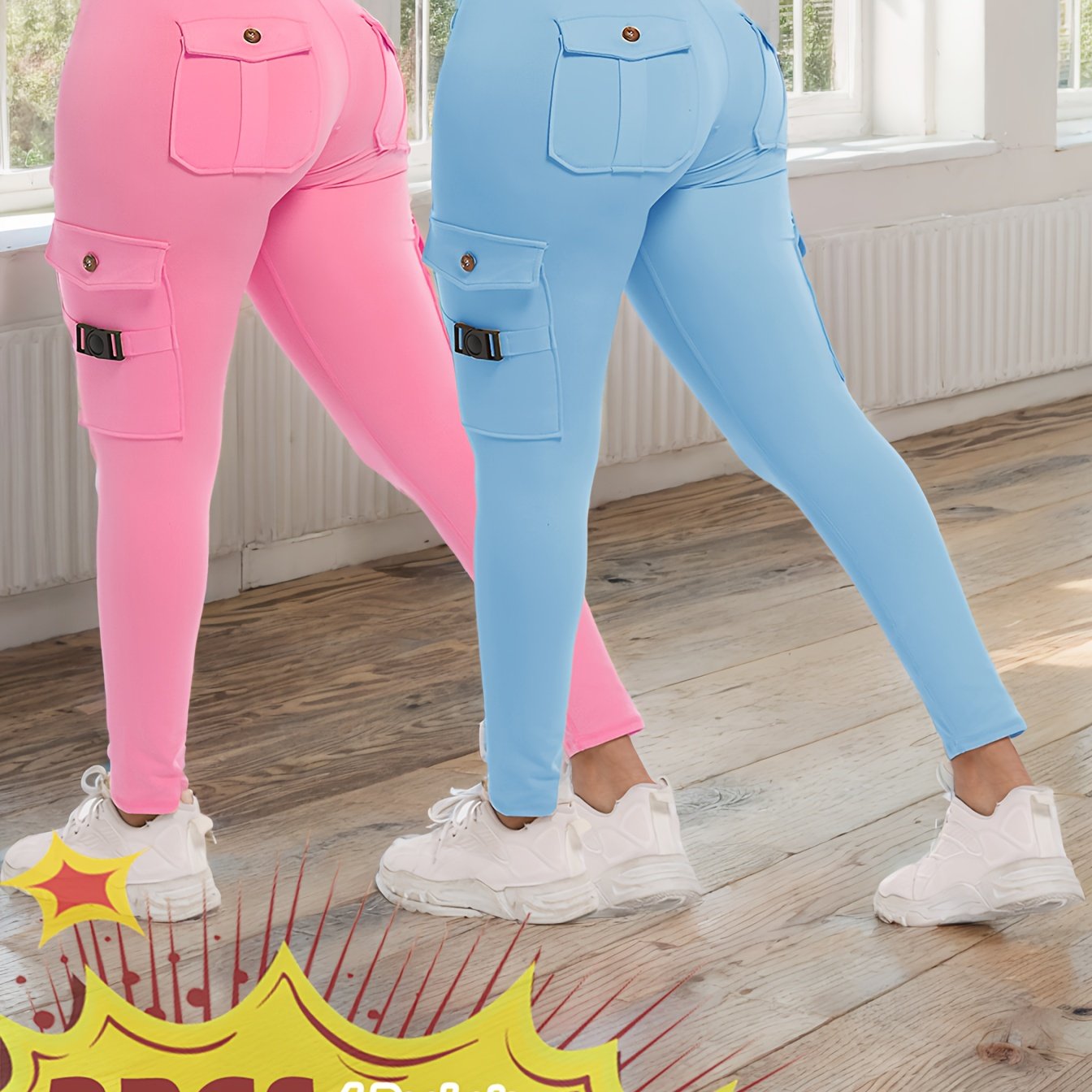 2-Pack High-Waisted Cargo Yoga Leggings with Slide Buckle Pockets - Tummy Control, 4 Pockets, Breathable, Four-Way Stretch, Moisture-Wicking, Fitness Pants for Running, Gym, And Yoga Enthusiasts