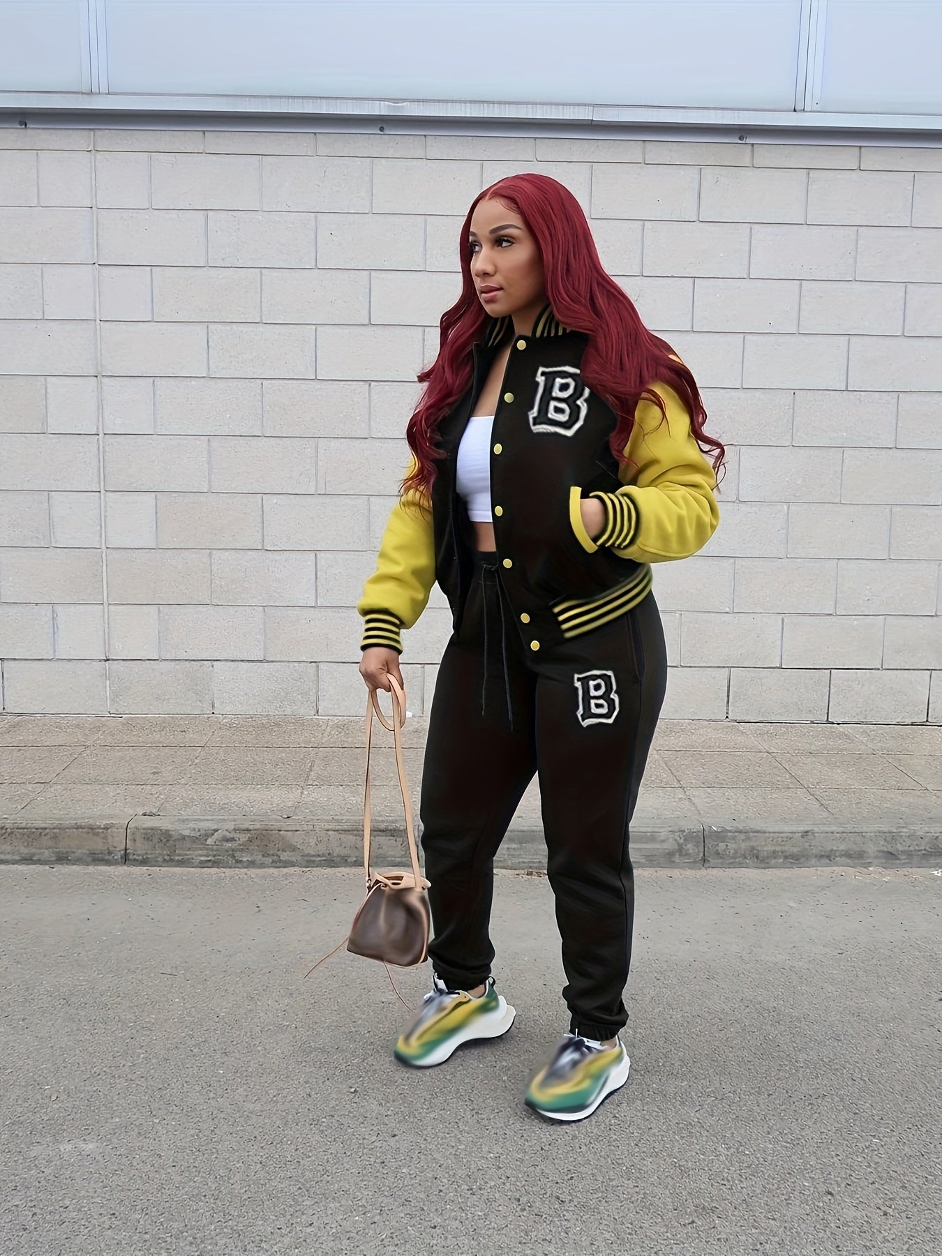 2pcs Women's Casual Crew Neck Varsity Jacket Set & Drawstring Jogger Pants - Smooth Polyester Fabric, 200g/m², Micro Elasticity - Fall/Winter Essentials | Applique Details | Machine Washable