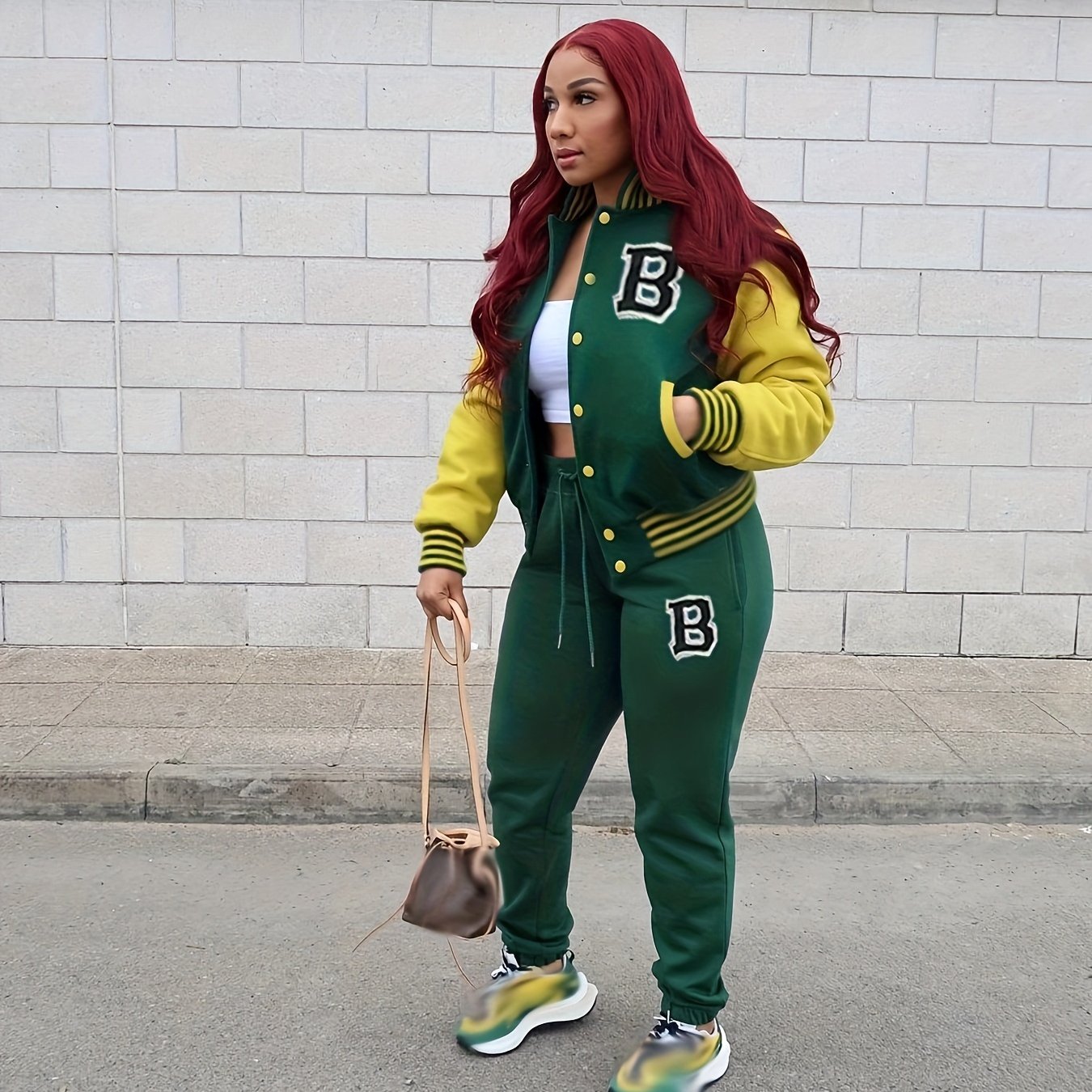 2pcs Women's Casual Crew Neck Varsity Jacket Set & Drawstring Jogger Pants - Smooth Polyester Fabric, 200g/m², Micro Elasticity - Fall/Winter Essentials | Applique Details | Machine Washable