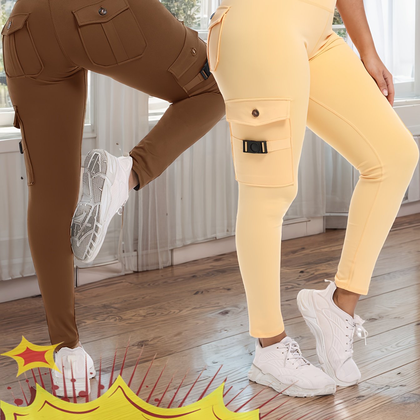 2-Pack High-Waisted Cargo Yoga Leggings with Slide Buckle Pockets - Tummy Control, 4 Pockets, Breathable, Four-Way Stretch, Moisture-Wicking, Fitness Pants for Running, Gym, And Yoga Enthusiasts