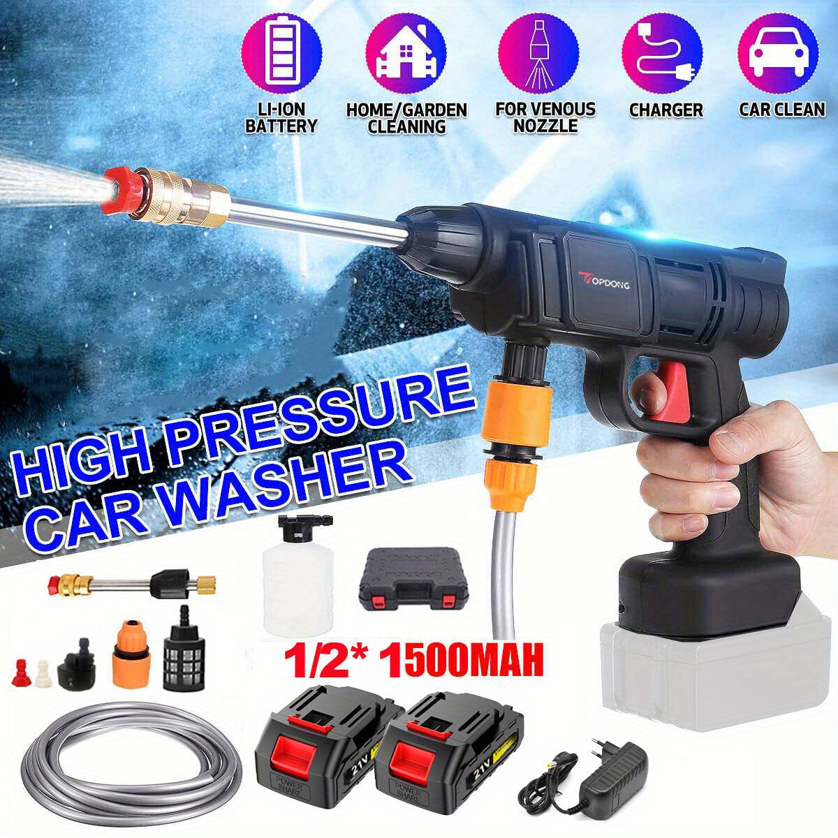 Cordless High Pressure Washer Portable With Nozzle Rechargeable 2 Battery, Handheld Car Washer Gun For Car Cleaning&Garden Watering, Portable Storage Box Included