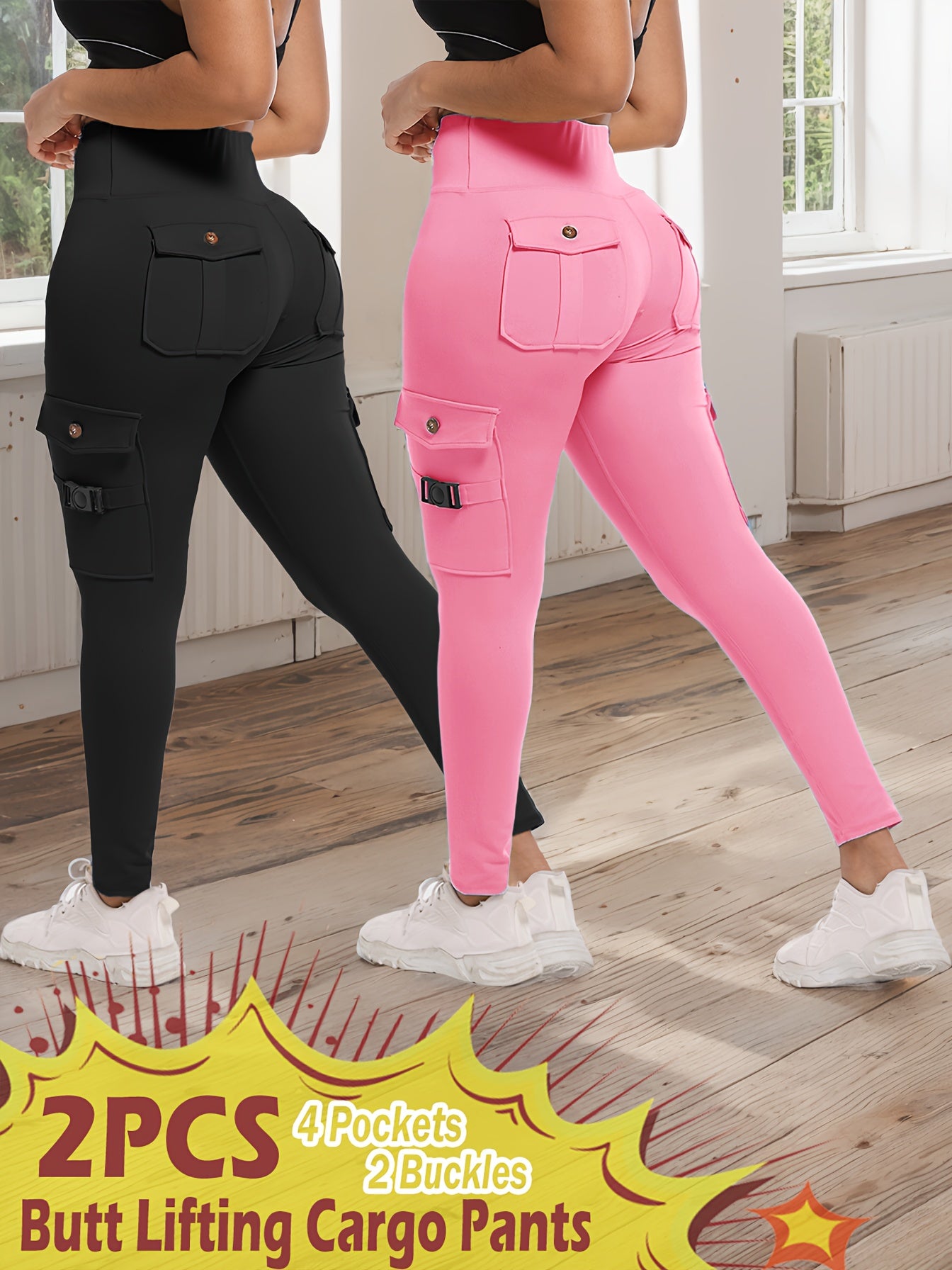 2-Pack High-Waisted Cargo Yoga Leggings with Slide Buckle Pockets - Tummy Control, 4 Pockets, Breathable, Four-Way Stretch, Moisture-Wicking, Fitness Pants for Running, Gym, And Yoga Enthusiasts