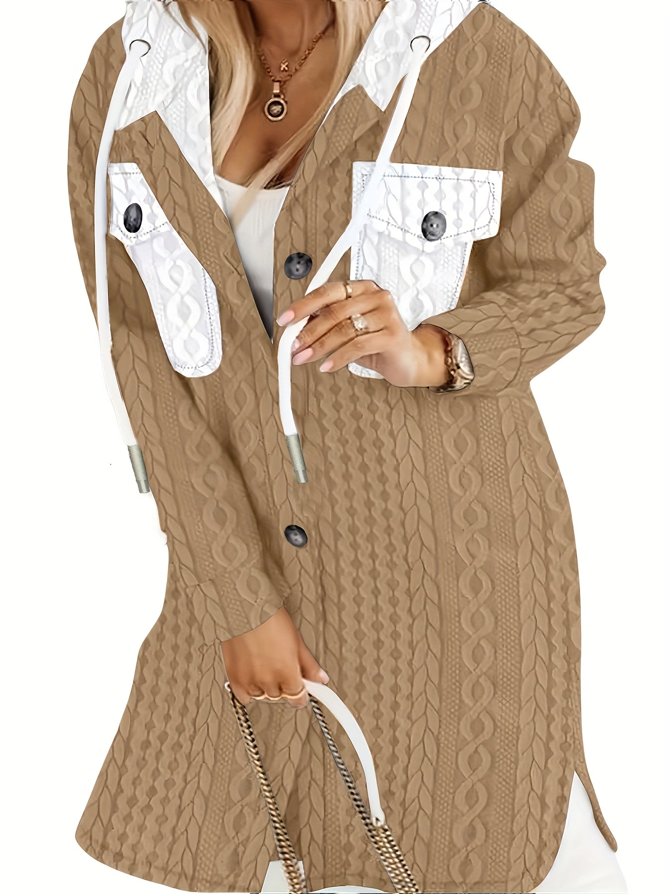 [Stylish Plus Size Jacket] Plus Size Women's Hooded Jacket - Black & White Color Block Winter Coat | Machine Washable, Warm Material, Stylish Outerwear for Cold Weather, Everyday & Formal Events, Fashionconscious Women, Elega