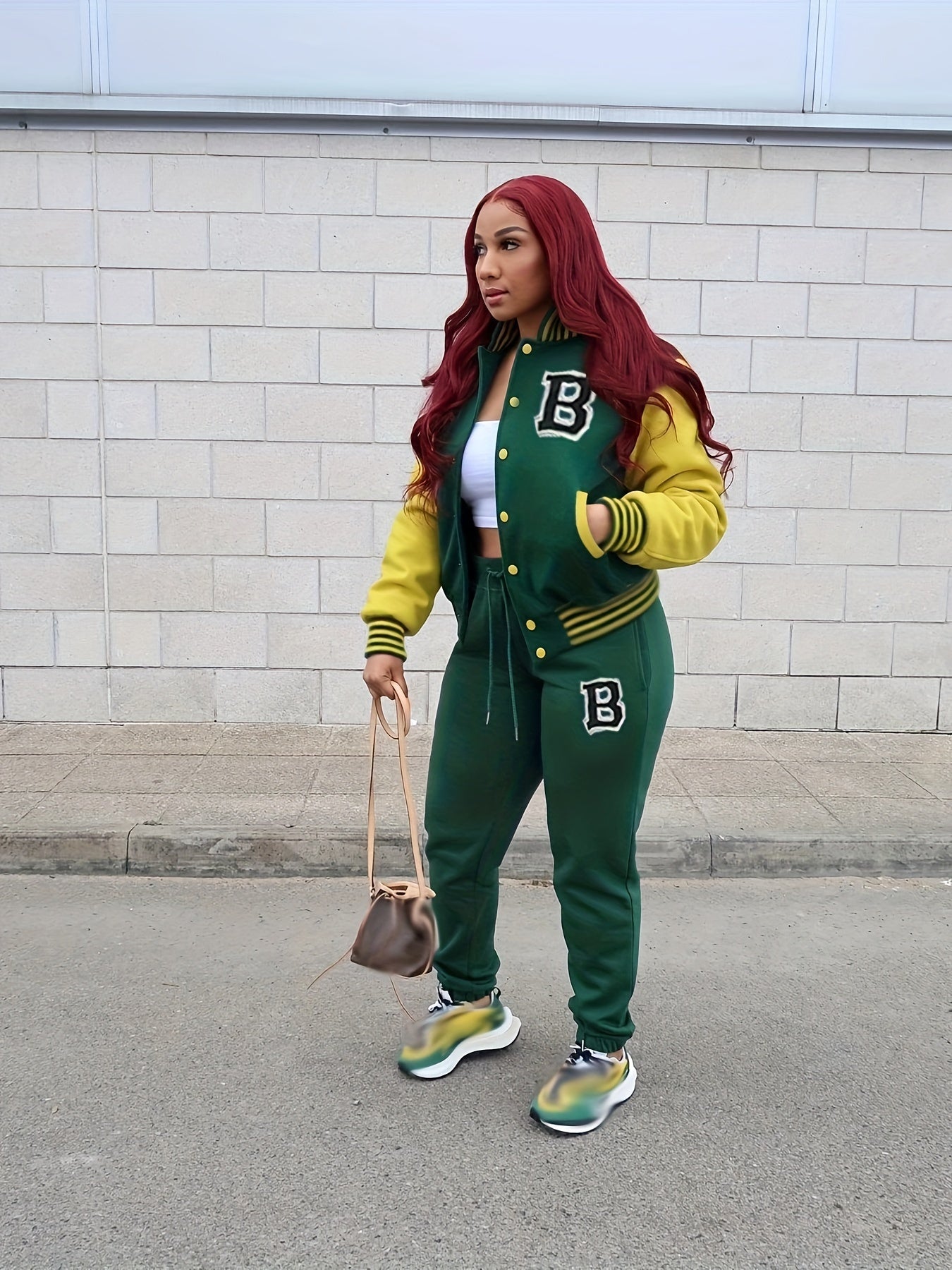 2pcs Women's Casual Crew Neck Varsity Jacket Set & Drawstring Jogger Pants - Smooth Polyester Fabric, 200g/m², Micro Elasticity - Fall/Winter Essentials | Applique Details | Machine Washable