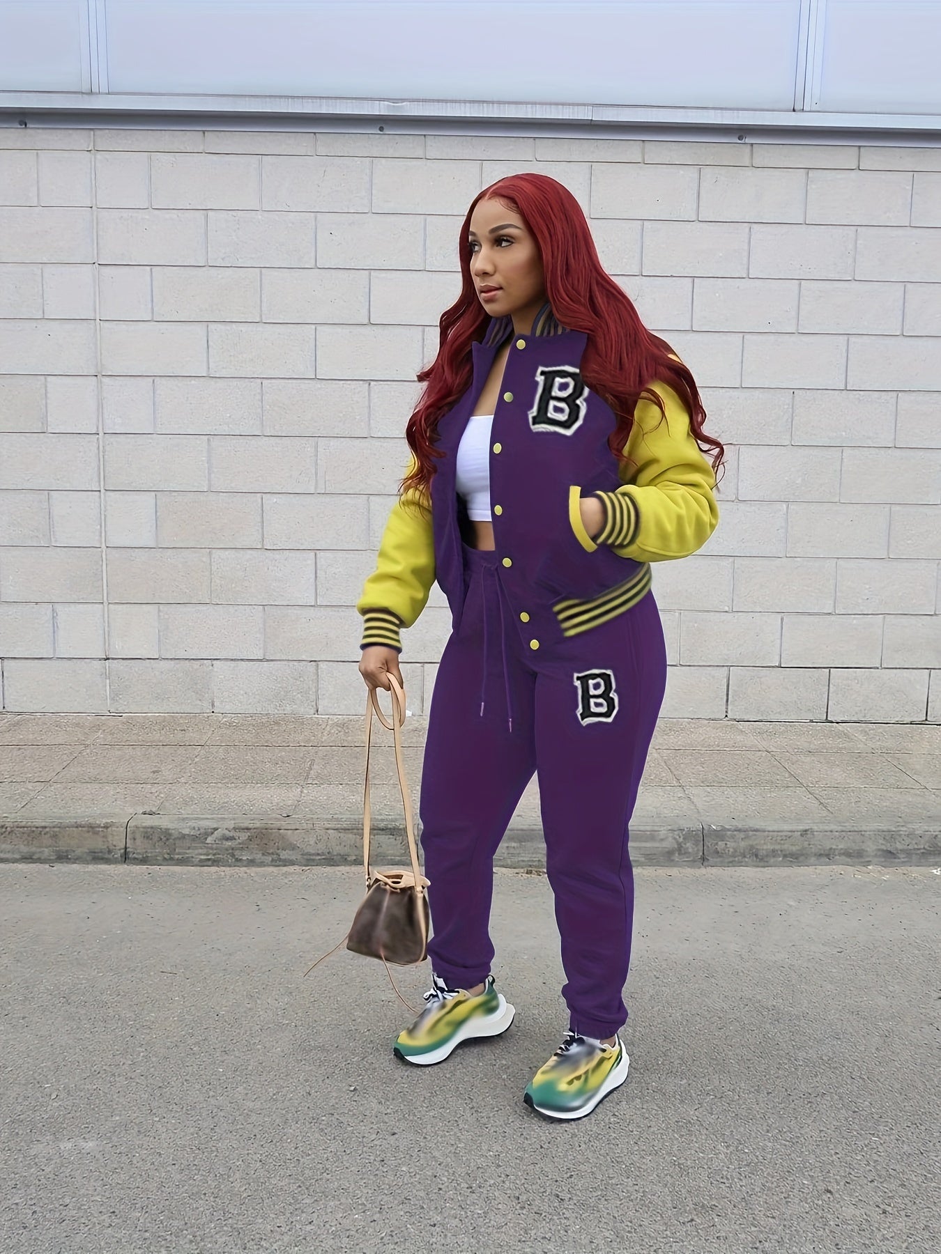 2pcs Women's Casual Crew Neck Varsity Jacket Set & Drawstring Jogger Pants - Smooth Polyester Fabric, 200g/m², Micro Elasticity - Fall/Winter Essentials | Applique Details | Machine Washable