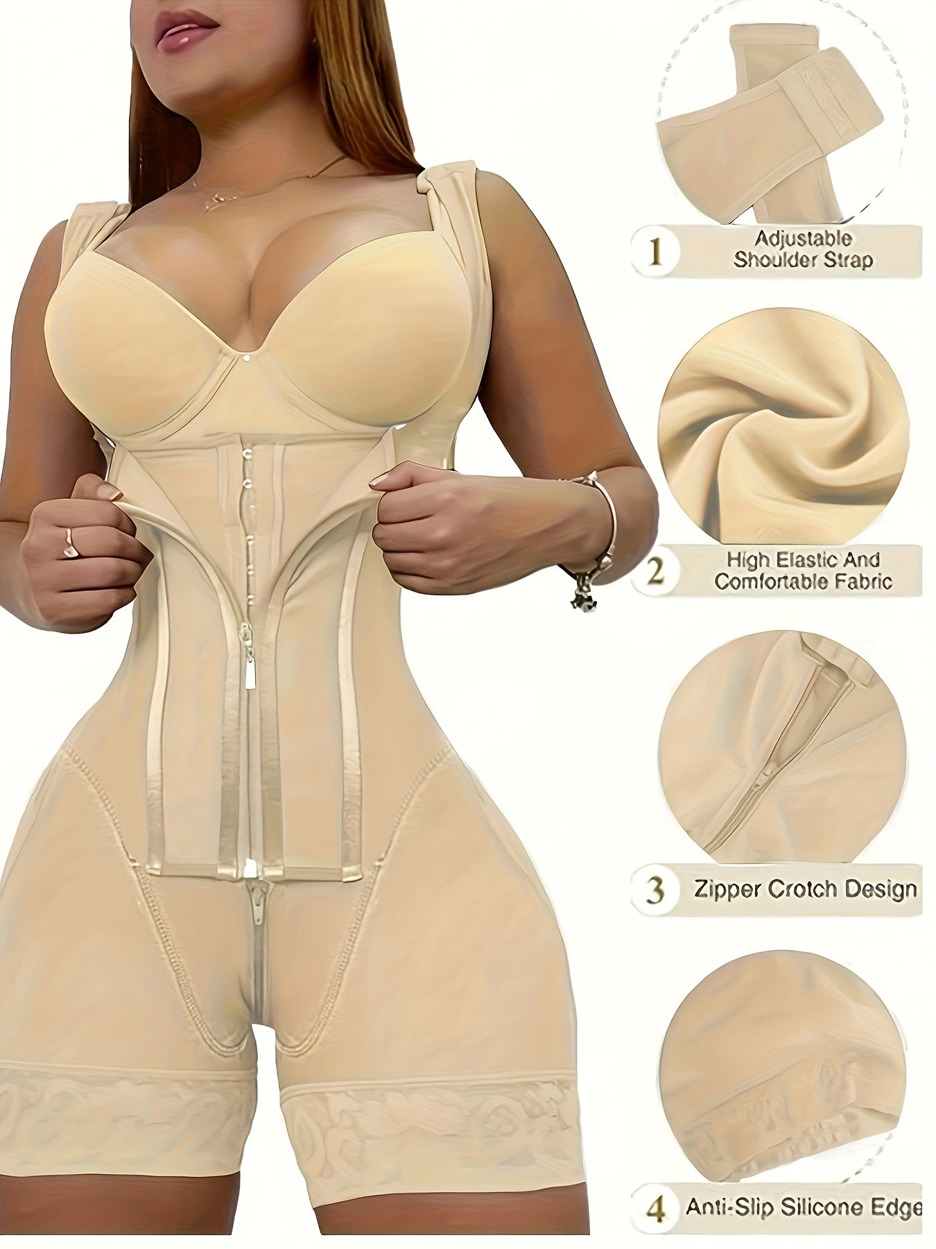 1pc Women's High-Waist Tummy Control Shapewear Bodysuit with Butt Lifter & Breast Support - Full Coverage Zipper Closure, Lace Panel & Smooth Nylon/Elastane Blend, Elegant Black Workout & Everyday Underwear for Body & Posture