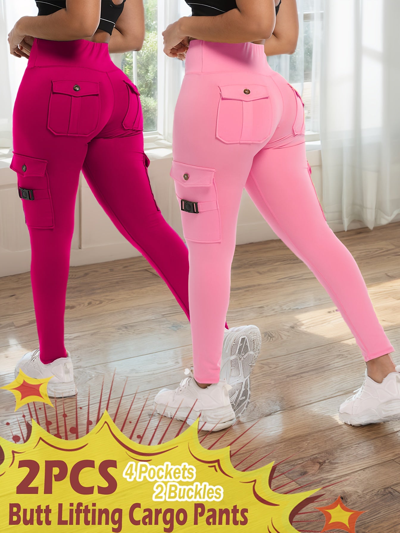 2-Pack High-Waisted Cargo Yoga Leggings with Slide Buckle Pockets - Tummy Control, 4 Pockets, Breathable, Four-Way Stretch, Moisture-Wicking, Fitness Pants for Running, Gym, And Yoga Enthusiasts