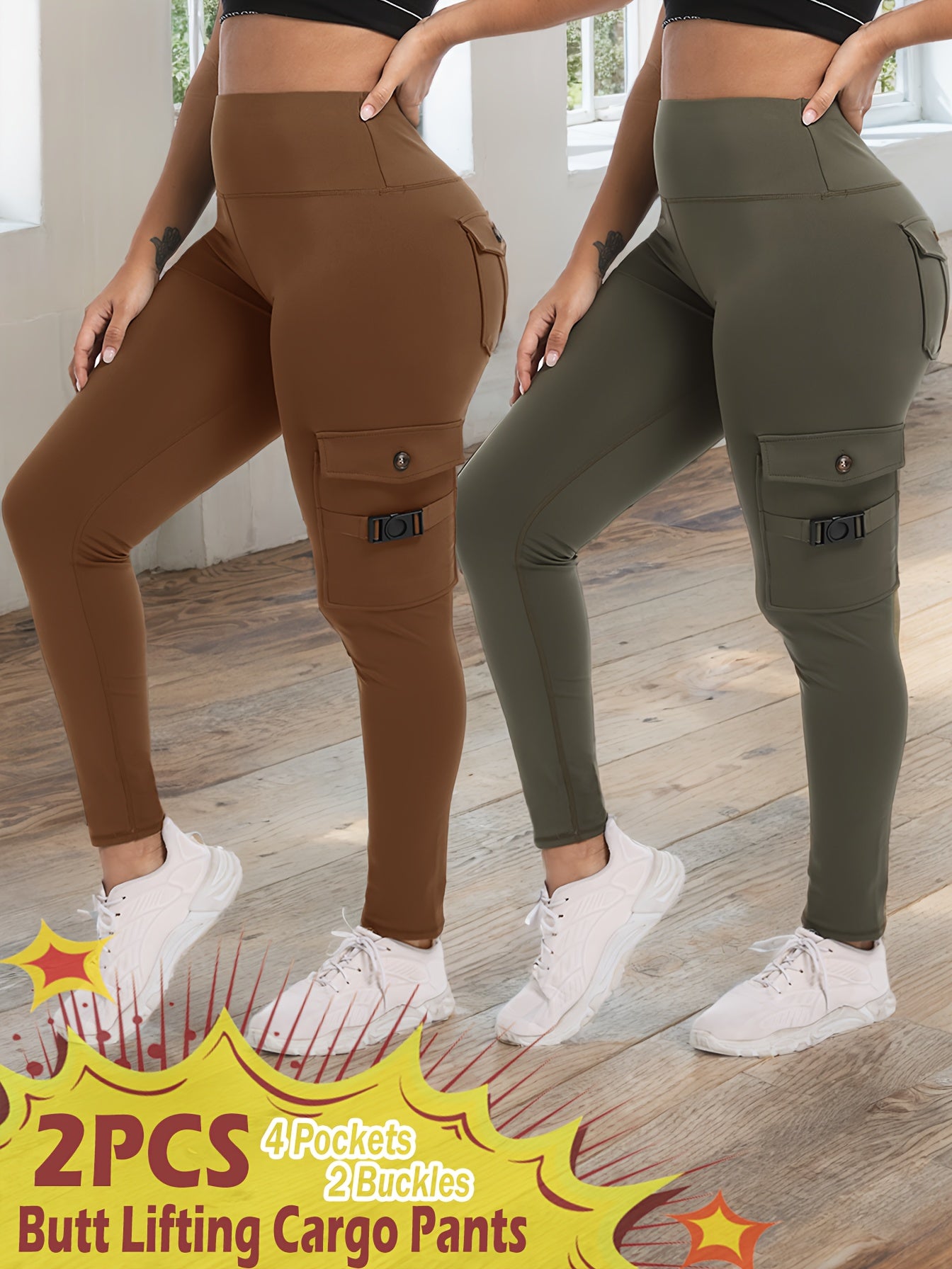 2-Pack High-Waisted Cargo Yoga Leggings with Slide Buckle Pockets - Tummy Control, 4 Pockets, Breathable, Four-Way Stretch, Moisture-Wicking, Fitness Pants for Running, Gym, And Yoga Enthusiasts